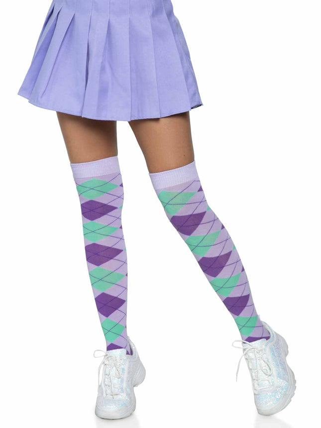 Argyle Knit Over the Knee Socks - Lavender - O/S