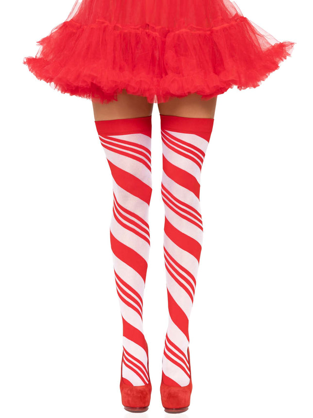 Spandex Sheer Candy Cane Striped Thigh Highs - Red/White - O/S