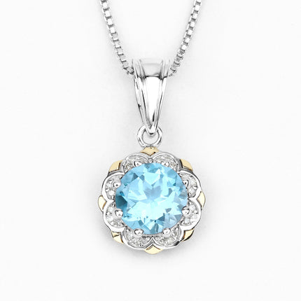 2.32 Carat Genuine Swiss Blue Topaz and White Diamond 14K Yellow Gold with .925 Sterling Silver Pendant