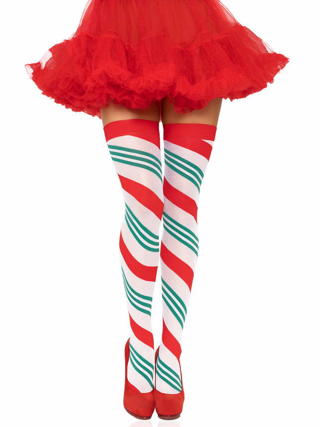 Holiday Ribbon Striped Thigh Highs - Red/Wh/Gr - O/S
