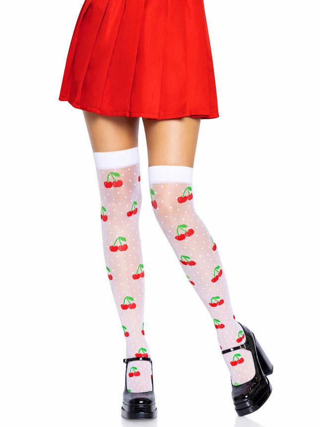 Spandex Sheer Polka Dot Cherry Thigh Highs - Wh/Rd - O/S