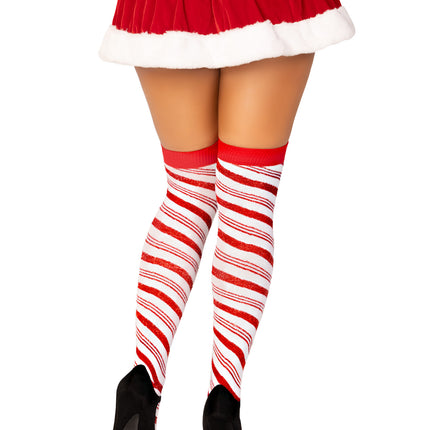 Candy Cane Metallic Striped Over-the-Knee Socks - Wh/Rd - O/S
