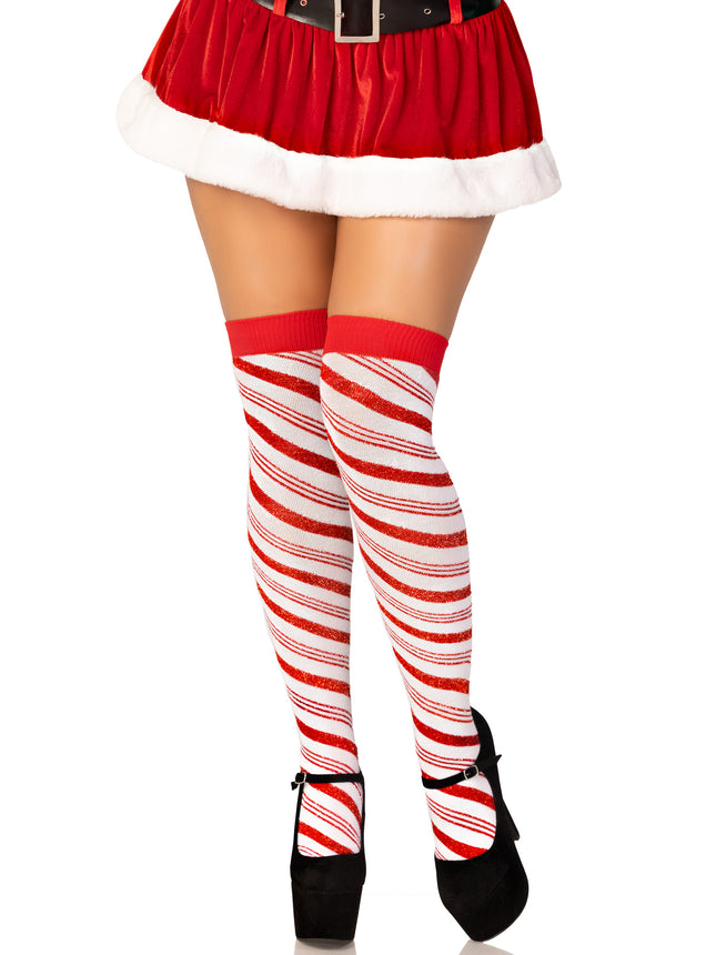 Candy Cane Metallic Striped Over-the-Knee Socks - Wh/Rd - O/S