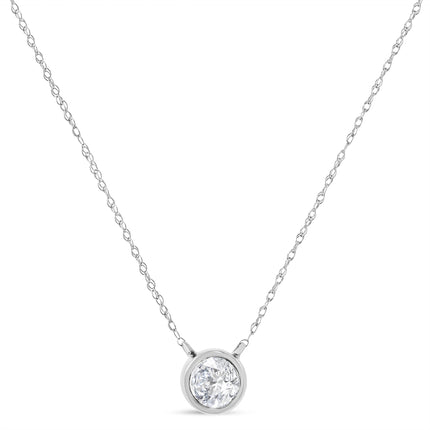AGS Certified 10K White Gold 1/3 Cttw Bezel Set Round Diamond Solitaire 16-18" Adjustable Pendant Necklace (I-J Color, SI1-SI2 Clarity)