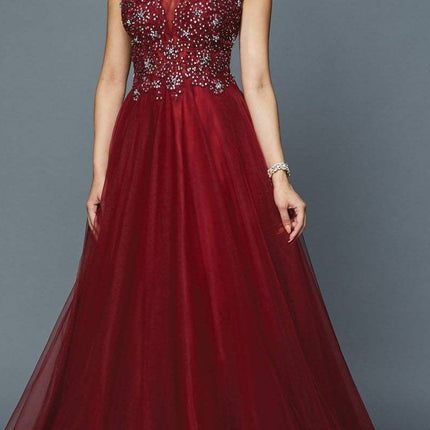 Juliet 684 Cap Sleeved Long Formal Dress with Appliques