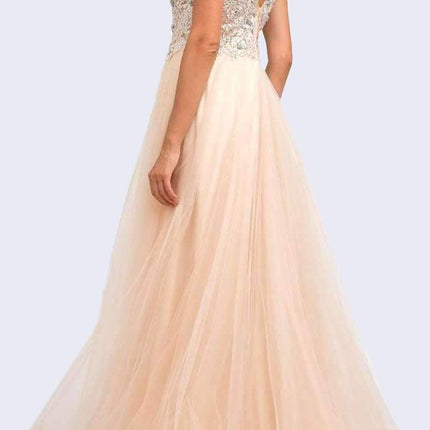 Juliet 684 Cap Sleeved Long Formal Dress with Appliques