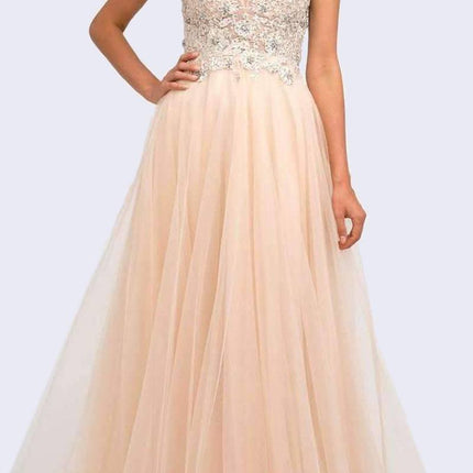 Juliet 684 Cap Sleeved Long Formal Dress with Appliques