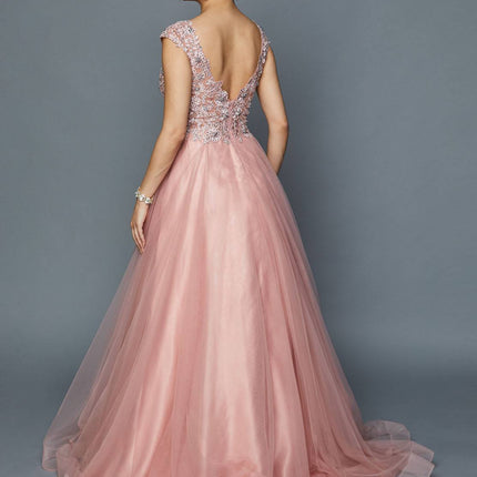Juliet 684 Cap Sleeved Long Formal Dress with Appliques