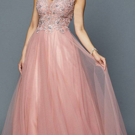 Juliet 684 Cap Sleeved Long Formal Dress with Appliques