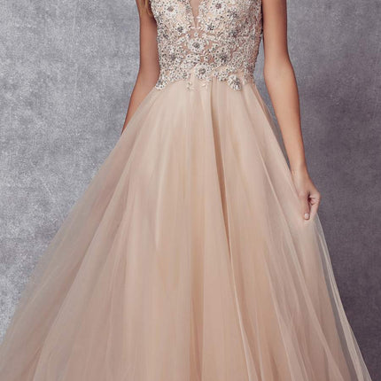 Juliet 684 Cap Sleeved Long Formal Dress with Appliques