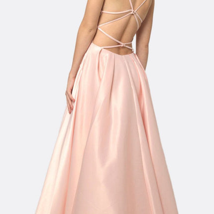 Juliet 687 Long Shiny Satin A-line Prom Gown with Pockets
