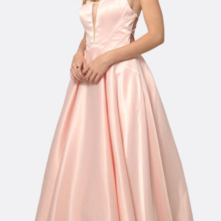 Juliet 687 Long Shiny Satin A-line Prom Gown with Pockets