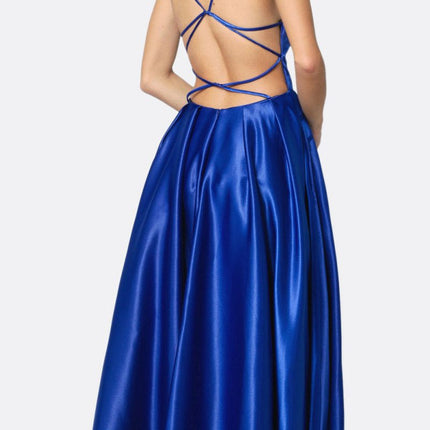 Juliet 687 Long Shiny Satin A-line Prom Gown with Pockets