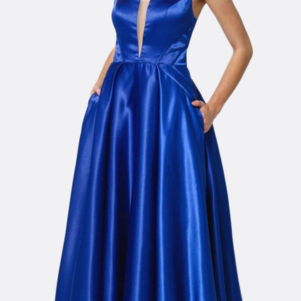 Juliet 687 Long Shiny Satin A-line Prom Gown with Pockets