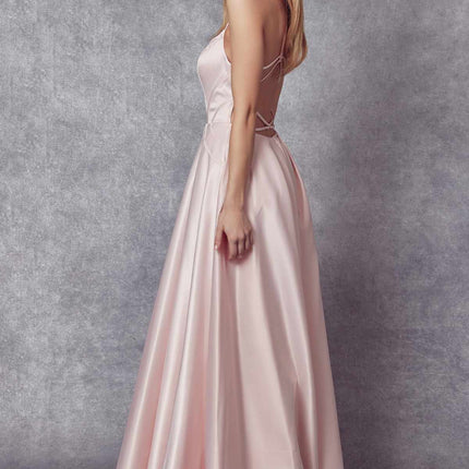 Juliet 687 Long Shiny Satin A-line Prom Gown with Pockets