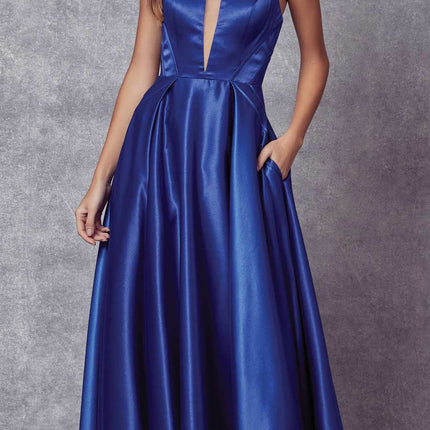 Juliet 687 Long Shiny Satin A-line Prom Gown with Pockets