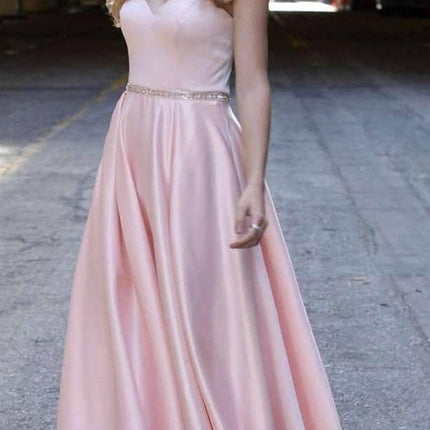 Juliet 688 Floor Length Shiny Satin A-Line Gown Beaded Belt with Pockets