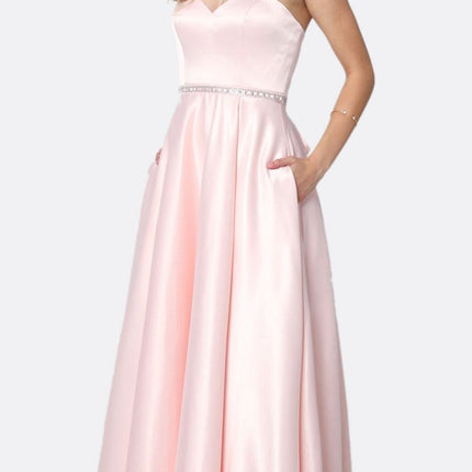 Juliet 688 Floor Length Shiny Satin A-Line Gown Beaded Belt with Pockets