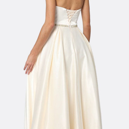 Juliet 688 Floor Length Shiny Satin A-Line Gown Beaded Belt with Pockets