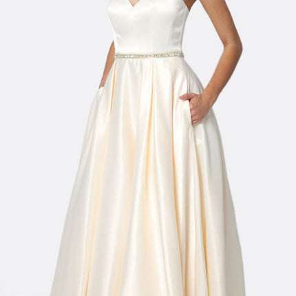 Juliet 688 Floor Length Shiny Satin A-Line Gown Beaded Belt with Pockets