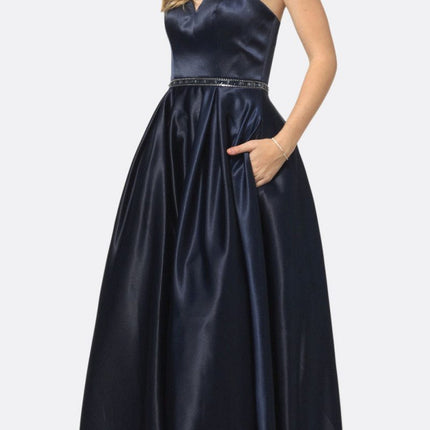 Juliet 688 Floor Length Shiny Satin A-Line Gown Beaded Belt with Pockets