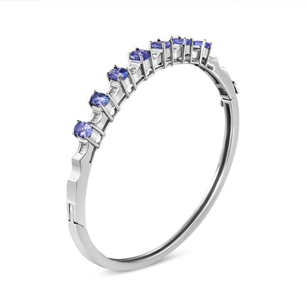 14K White Gold 5 MM Oval Blue Tanzanite and 1/4 Cttw Diamond Bangle (H-I Color, VS2-SI1 Clarity) - Fits wrists up to 7 1/2 Inches