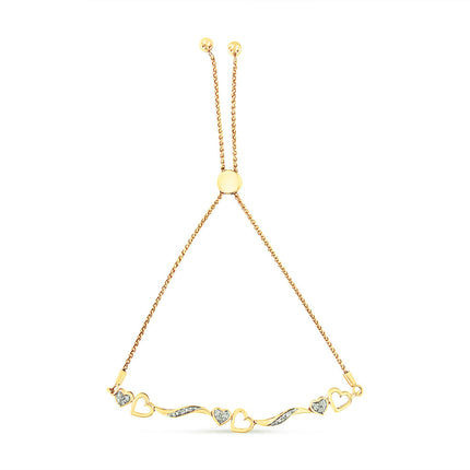 14K Yellow Gold Plated .925 Sterling Silver Diamond Accent Heart and Wave Link Bolo Bracelet (I-J Color, I2-I3 Clarity) - 6" to 9" Adjustable