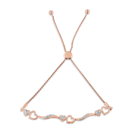 14K Rose Gold Plated .925 Sterling Silver 1/10 Cttw Diamond Wave and Hearts 4â€-10â€ Adjustable Bolo Bracelet (I-J Color, I3 Clarity)