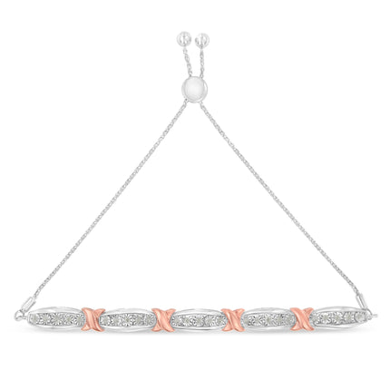 .925 Sterling Silver 1/4 Cttw Round-Cut Diamond X & Tapered Bar Miracle-Set Bolo Bracelet (I-J Color, I3 Clarity) - Two Tone Rose Gold & Silver