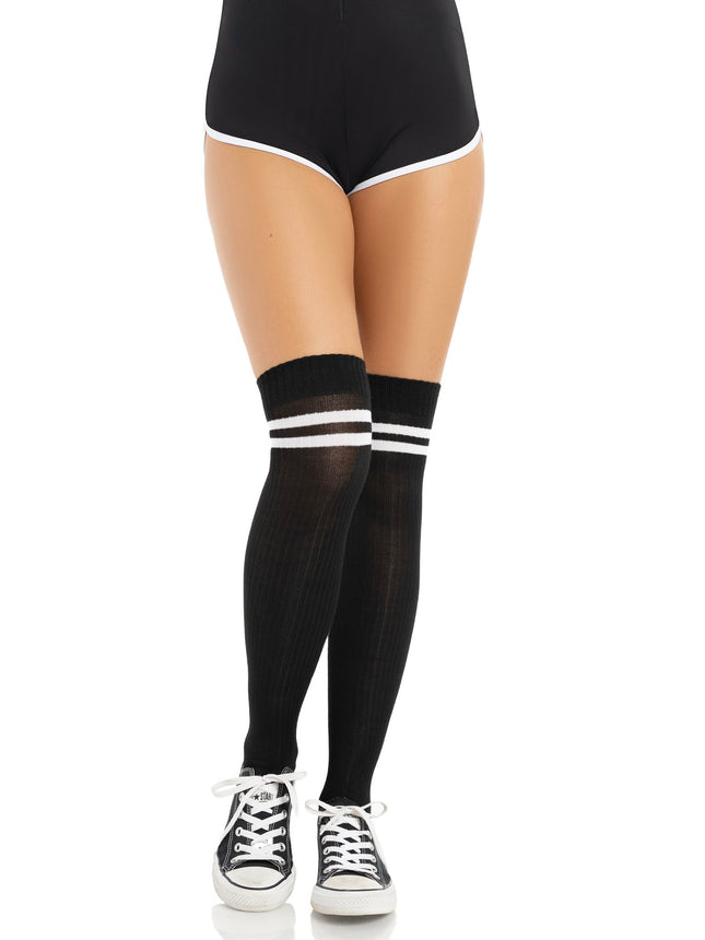 Ribbed Athletic Thigh Highs - Black/Whit - O/S
