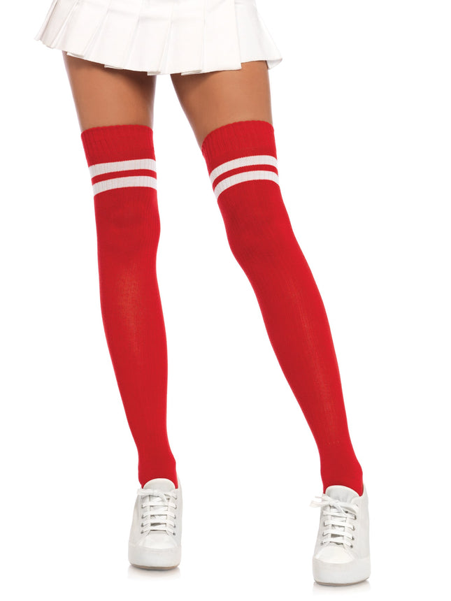 Ribbed Athletic Thigh Highs - Red/White - O/S