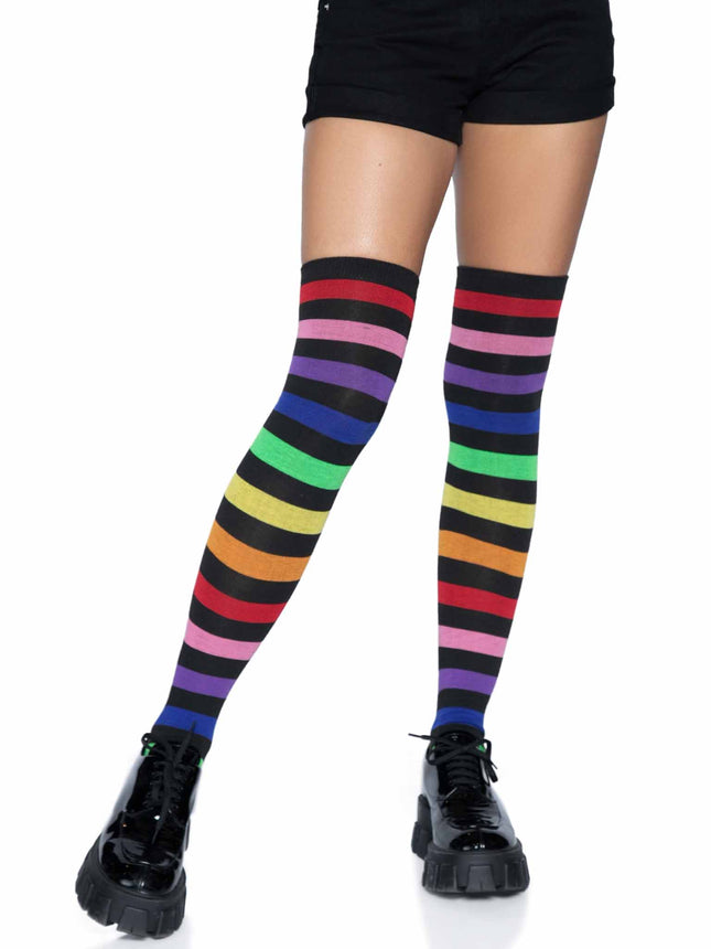 Acrylic Rainbow Striped Thigh High Socks - Multicolor - O/S