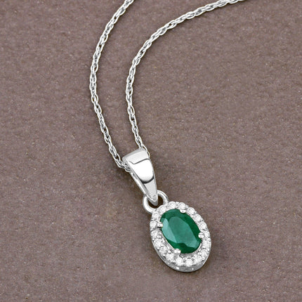 0.81 Carat Genuine Zambian Emerald and White Diamond 14K White Gold Pendant