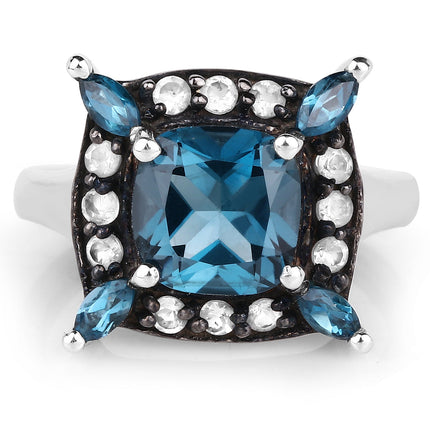 3.24 Carat Genuine London Blue Topaz and White Topaz .925 Sterling Silver Ring