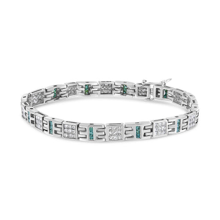 14K White Gold Princess-Cut white and Blue Diamond 3.00 cttw Fashion Link Bracelet (H-I Color, SI1-SI2 Clarity)