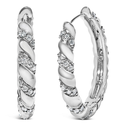14K White Gold 1 1/5 Cttw Lab Grown Diamond Swirl Design 1" Inch Hoop Earrings (F-G Color, VS1-VS2 Clarity)