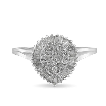 10K White Gold 1/2 Cttw Round & Baguette Cut Diamond Pear Shaped Domed PavÃ© Cluster with Halo Cocktail Ring (H-I Color, SI1-SI2 Clarity) - Size 5