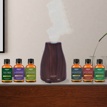 7-Piece Set: Natural Wood Grain Cool Mist Aromatherapy Diffuser With Essential Oil