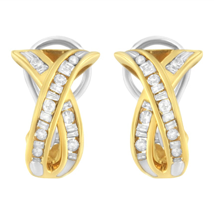 14K Yellow and White Gold 1/2 TDW "X" Shape Cross Over Diamond Hoop Earrings (I-J, I2-I3)