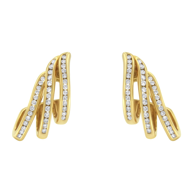 10K Yellow Gold 1.0 Cttw Round Brilliant Cut Diamond Spiral Multi Row Channel Set Open Hoop Pushback Stud Earrings (H-I Color, I1-I2 Clarity)