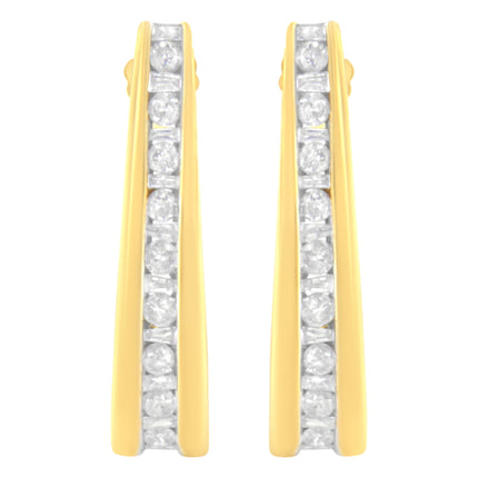10K Yellow Gold 1 cttw Channel Set Diamond J-Hoop Earrings (H-I Clarity, I1-I2 Color)