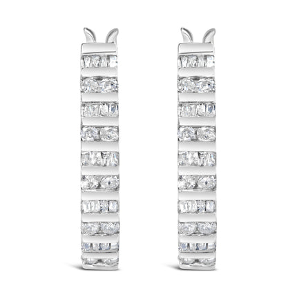 10K White Gold 1.0 Cttw Alternating  Diamond "U" Hoop Earrings (I-J Color, I2-I3 Clarity)