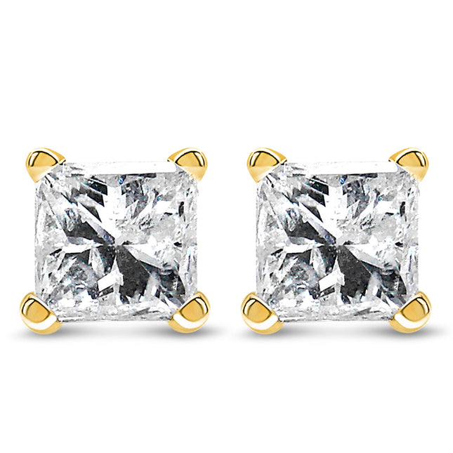 AGS Certified 14k Yellow Gold 1/4 cttw 4-Prong Set Princess-Cut Solitaire Diamond Push Back Stud Earrings (F-G Color, SI2-I1 Clarity)