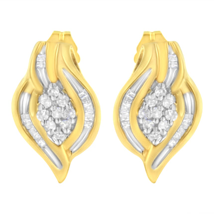 10K Yellow Gold 1/3 cttw Round-Cut Diamond Cluster and Swirl Stud Earrings (J-K Clarity, I2-I3 Color)