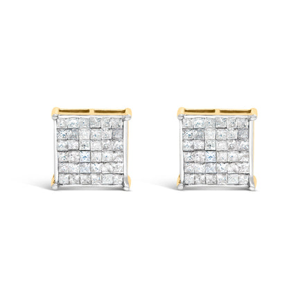 10K Yellow Gold 2.0 Cttw Invisible-Set Princess-Cut Diamond Stud Earrings
