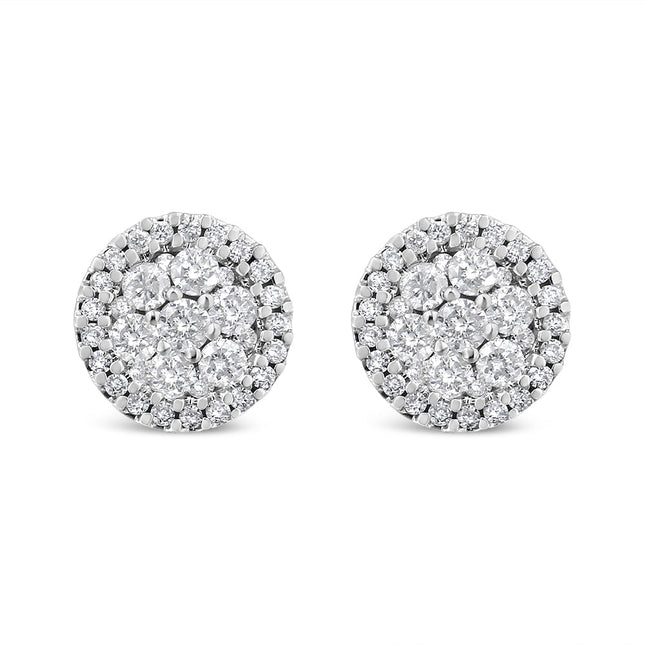 AGS Certified 14K White Gold 1.0 Cttw Brilliant-Cut Diamond Halo-Style Cluster Round Button Stud Earrings (G-H Color, I1-I2 Clarity)
