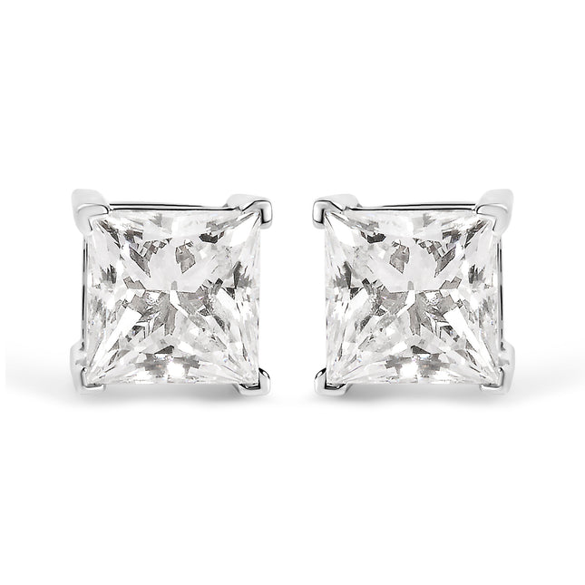 14K White Gold 1 1/2 Cttw Clarity Enhanced Princess Cut Diamond Solitaire Stud Earrings (I-J Color, I1-I2 Clarity)