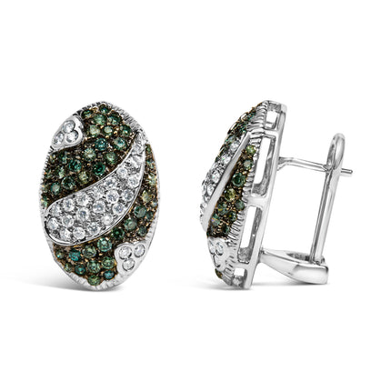 14K White Gold 2.00 Cttw White and Treated Blue Diamond Oval Shield Omega Back Earrings (H-I Color, SI1-SI2 Clarity)