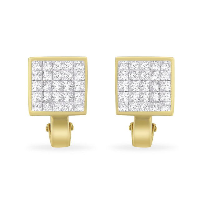14K Yellow Gold 3-1/5 Cttw Princess Cut Diamond Â¾ Square Invisible Set Grid Huggy Style Omega Back Stud Earrings (G-H Color, VS1-VS2 Clarity)