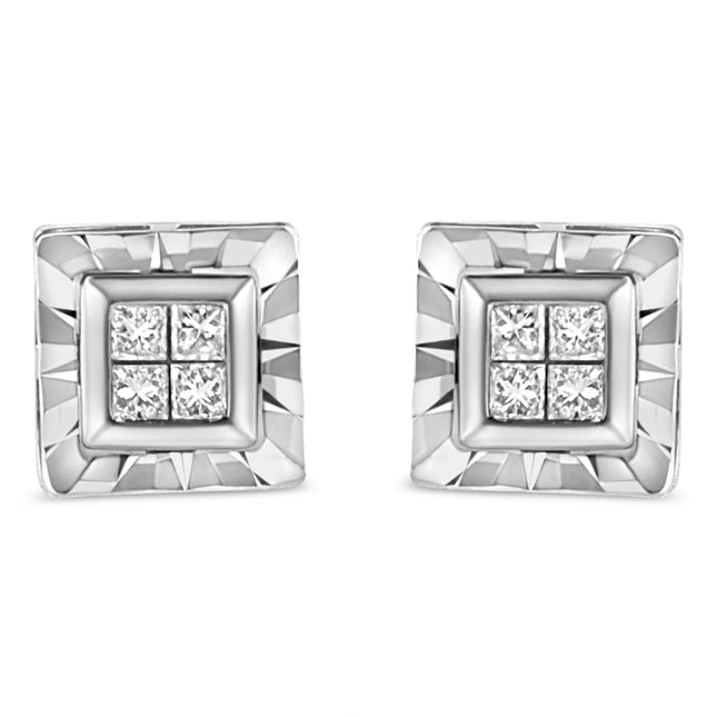 .925 Sterling Silver 1/6 Cttw Invisible Set Princess-Cut Diamond Quad Composite Stud Earrings (H-I Color, I1-I2 Clarity)
